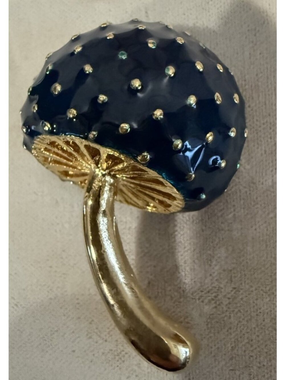 Vintage Mushroom Brooch Navy Blue  Enamel Gold Tone